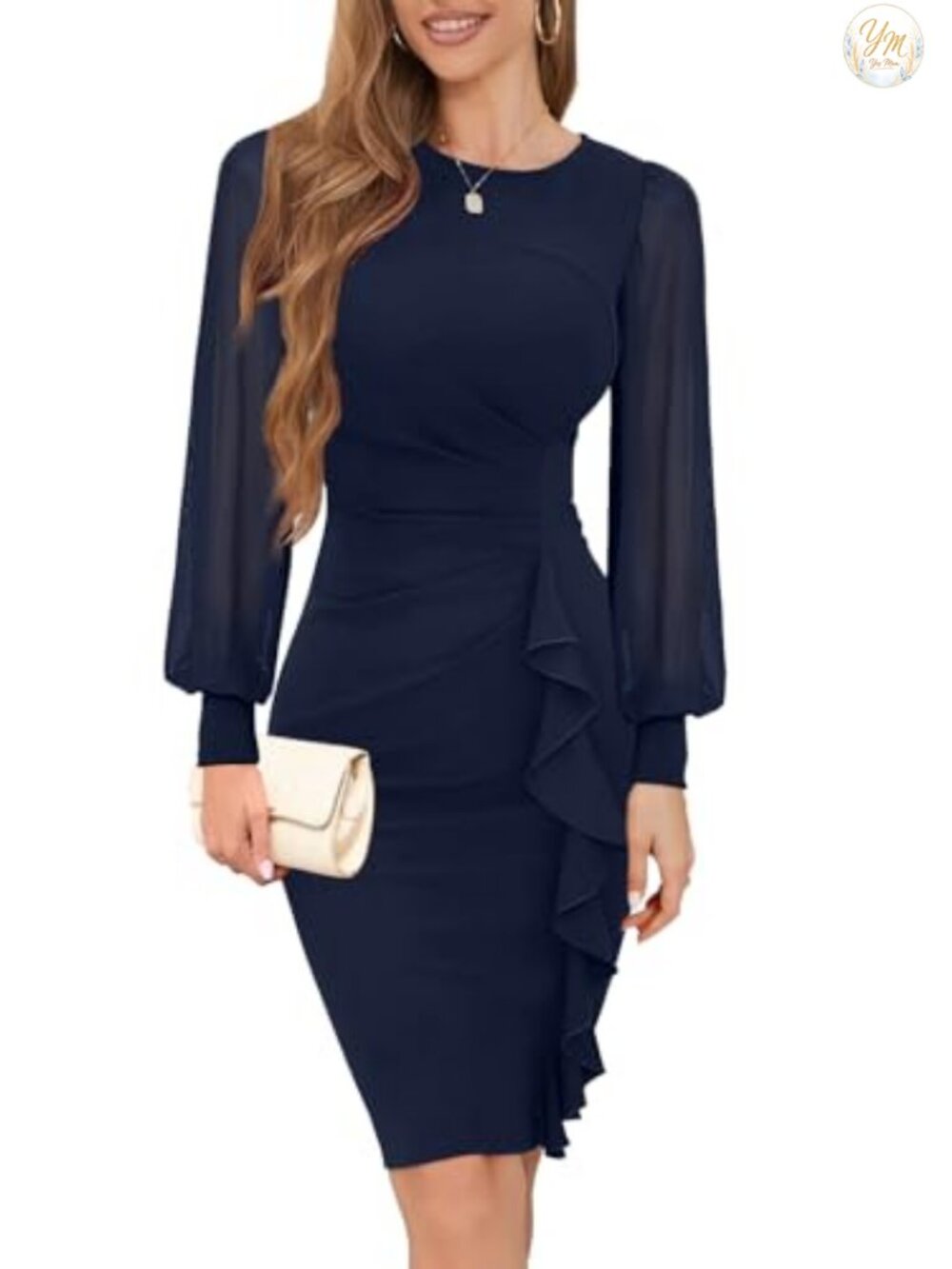 Women's Long Sheer Sleeve Ruched Bodycon Sheath Midi Dress Work Cocktail